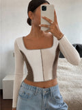 Square Neck Color-Block Patchwork Ribbed Long Sleeve Short Top, Edge-Trimmed Fishbone Silhouette, Bodycon Crop Style, Creating Retro American Hot Outfit - Mixed colors