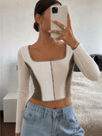 Square Neck Color-Block Patchwork Ribbed Long Sleeve Short Top, Edge-Trimmed Fishbone Silhouette, Bodycon Crop Style, Creating Retro American Hot Outfit - Mixed colors