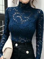 Lace Mock Neck Slim Top, Sexy Long Sleeve Top For Spring & Fall, Women's Clothing - Blue