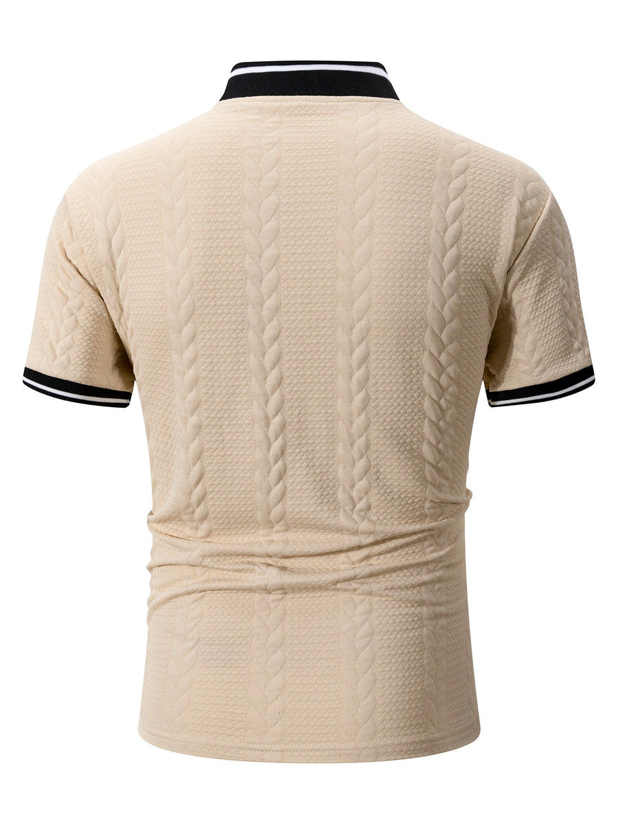 2pcs Men'S Ribbed Half-Zipper Short Sleeve Polo Shirts, Textured Knit Breathable T-Shirts, Commute Vacation Sports Casual Stand-Up Short Sleeves, Contrast Trim Collar And Cuffs, Zippered Placket Design, Suitable for Summer Casual/Commute/Date Wear - Light Grey+Khaki