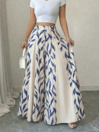 Women'S Elegant Printed Patchwork A-Line Long Skirt Pants - Blue