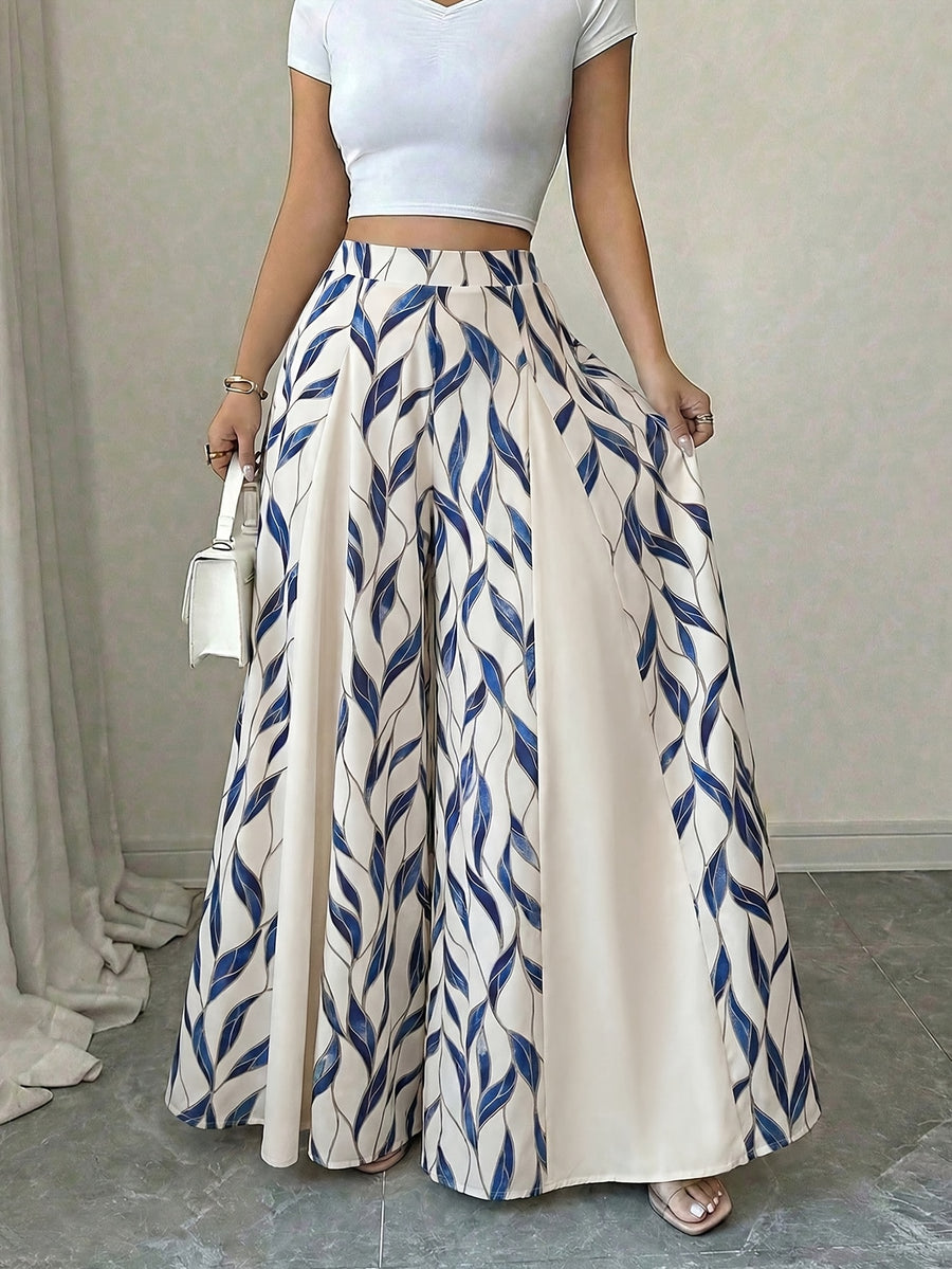 Women'S Elegant Printed Patchwork A-Line Long Skirt Pants - Blue