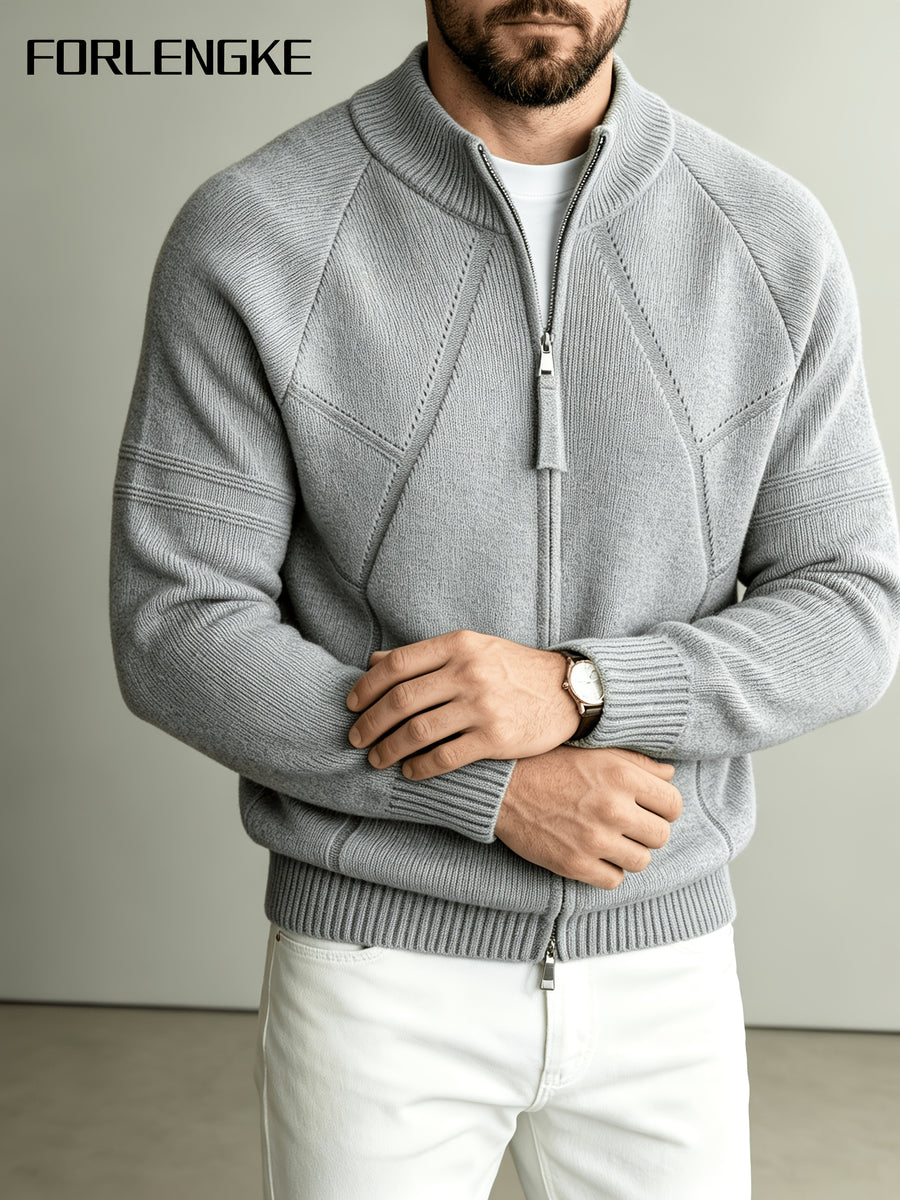 FORLENGKE Men's Autumn/Winter Stand Collar Zipper Knit Cardigan, Heavyweight Jacquard Texture Outerwear, Casual Versatile Solid Color Sweater Jacket, Mature Business Minimalist Top, Loose Fit Slimming Long Sleeve Outer Layer, Daily Commute Light - Light Grey