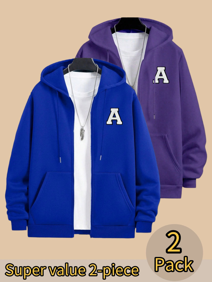 50%, 50%, 2pcs Men'S Patchwork Warm Fleece Zip-Up Hooded Sweatshirt, Men'S Clothing, Long Sleeve Fleece Jacket, Zip-Up Top, Hooded Sweatshirt, Pockets, Drawstring, Suitable for Outdoor, Casual, Back-To-School Season, Gift for Boyfriend - Blue+Purple