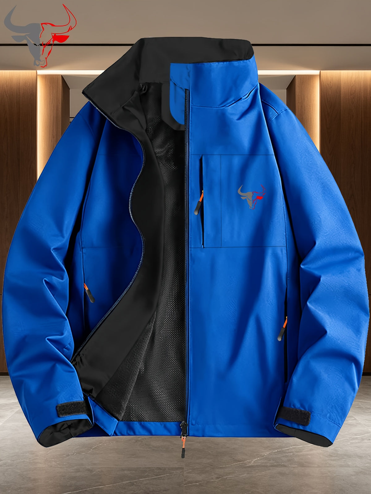 Gray- Head Pattern Contrast Lining Full Zip Stand Collar Windproof Jacket, Men Women Spring Autumn White Multi-Pocket Outdoor Fleece Coat Winter Clothes for Men - Royal Blue