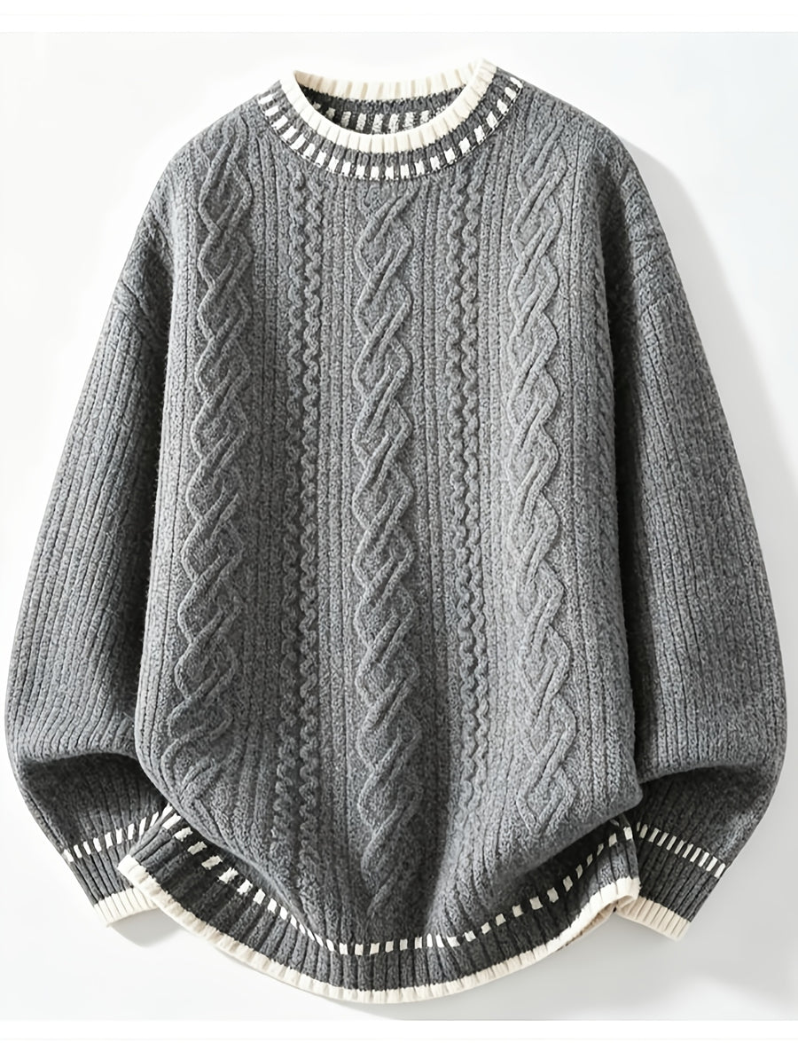 Men'S Retro Cable Knit Sweater, Contrast Ribbed 3D Jacquard Pullover for Autumn Winter, Trendy Casual Top - Grey