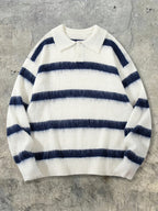 ANDREILEE Men's Sweater with Polo Collar & Striped Horizontal Stripe - Loose Fit Warm Winter Sweaters Suitable for Home, Office, Commuting, Casual Layering, Hand Washable Top - Apricot