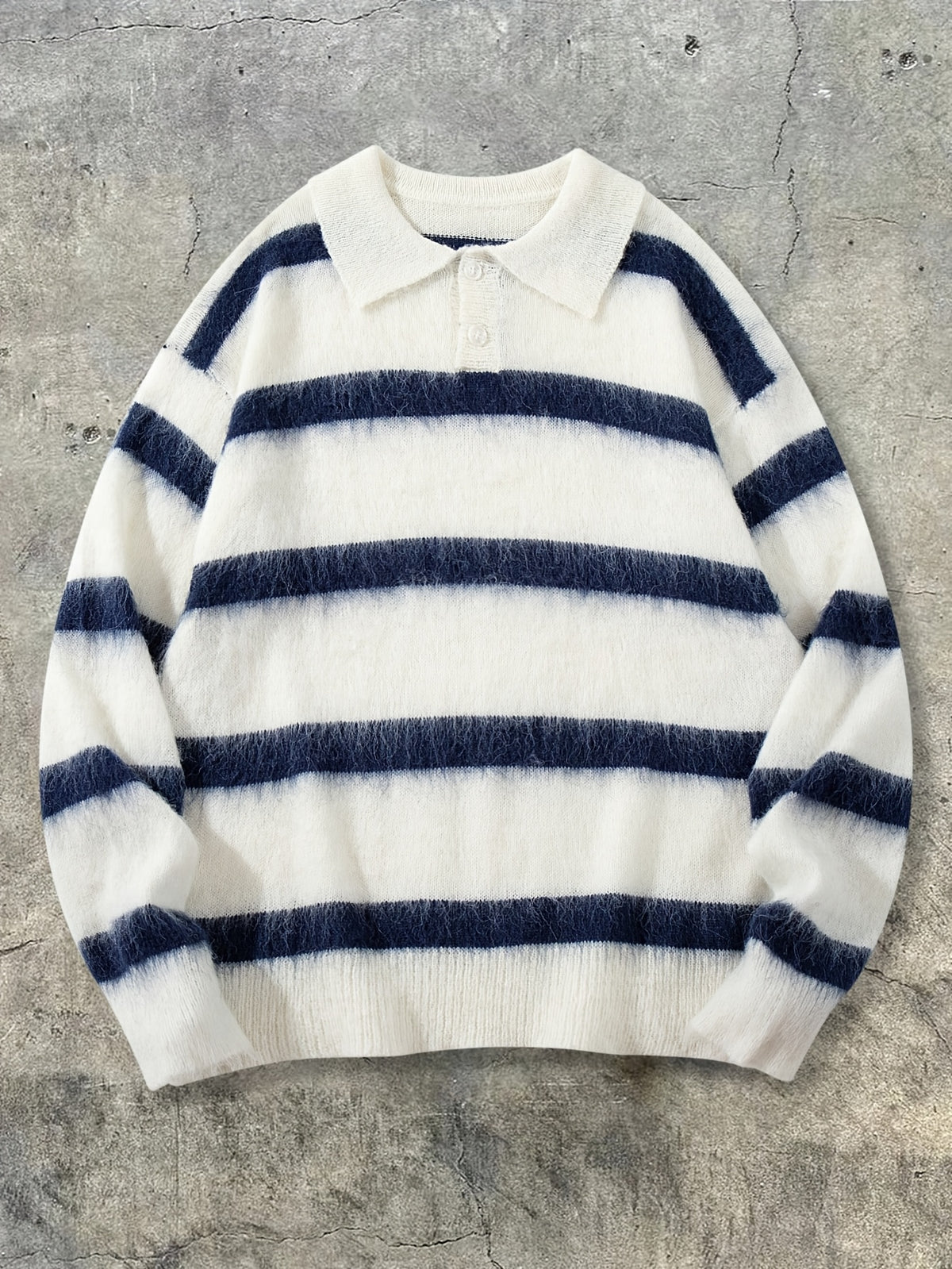 ANDREILEE Men's Sweater with Polo Collar & Striped Horizontal Stripe - Loose Fit Warm Winter Sweaters Suitable for Home, Office, Commuting, Casual Layering, Hand Washable Top - Apricot
