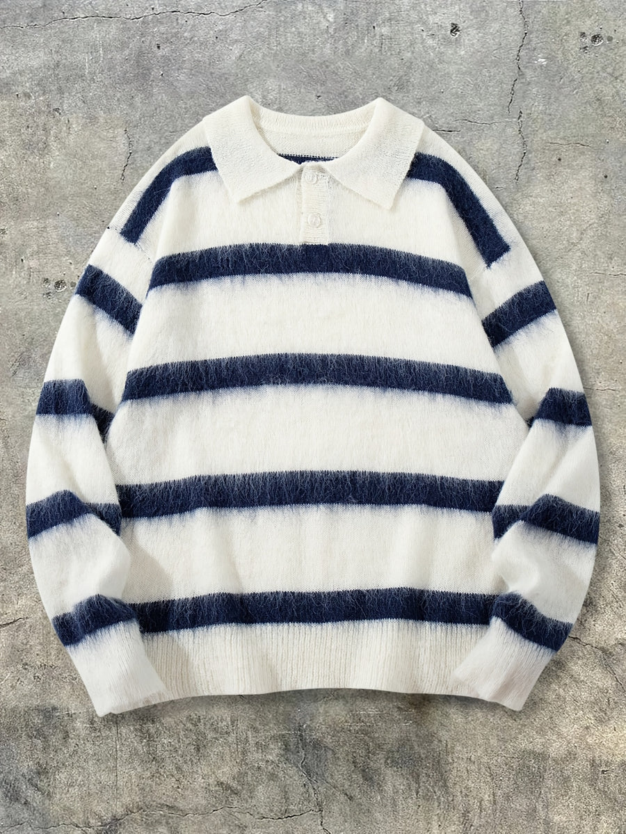 ANDREILEE Men's Sweater with Polo Collar & Striped Horizontal Stripe - Loose Fit Warm Winter Sweaters Suitable for Home, Office, Commuting, Casual Layering, Hand Washable Top - Apricot