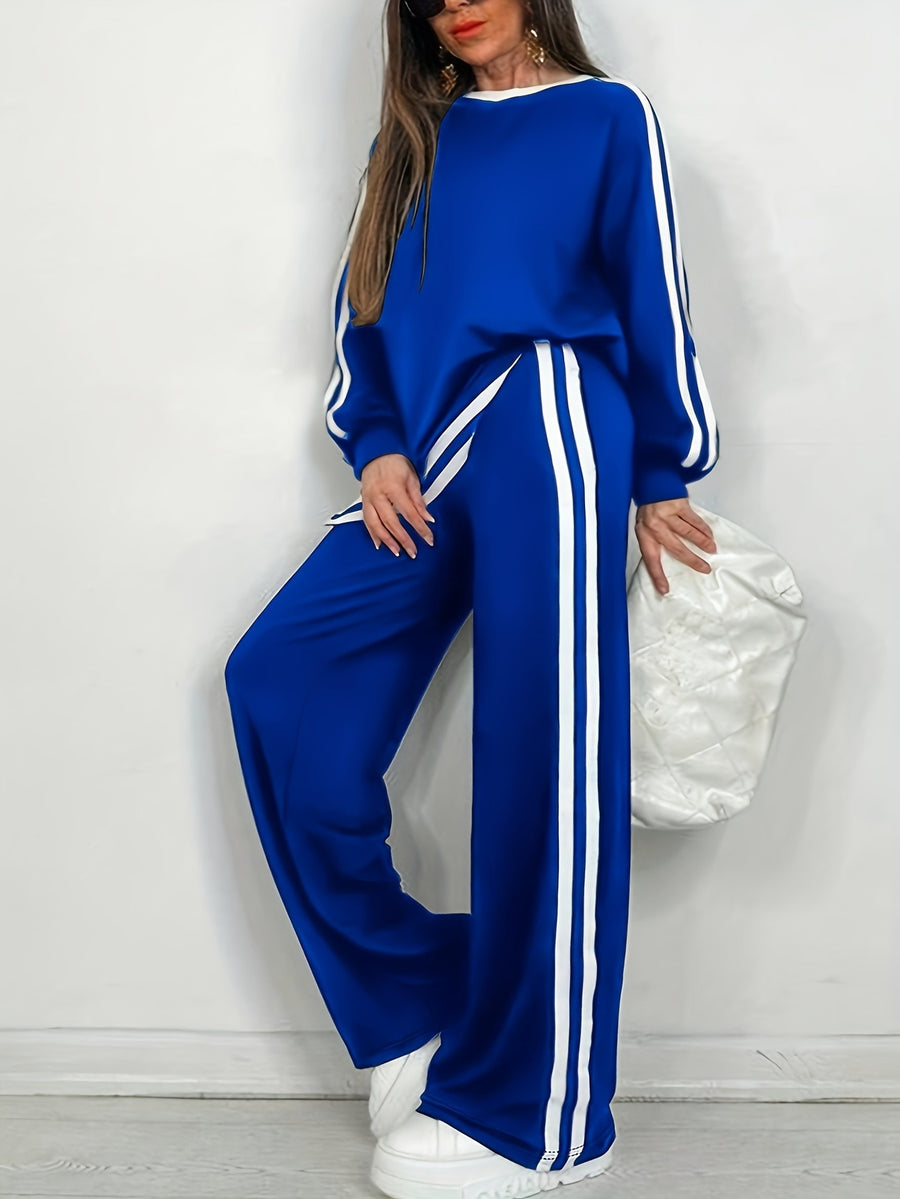 Plus Size Women'S Side Stripe Long Sleeve Long Pants Set, Ins Fashion Cool Home Two-Piece - Blue