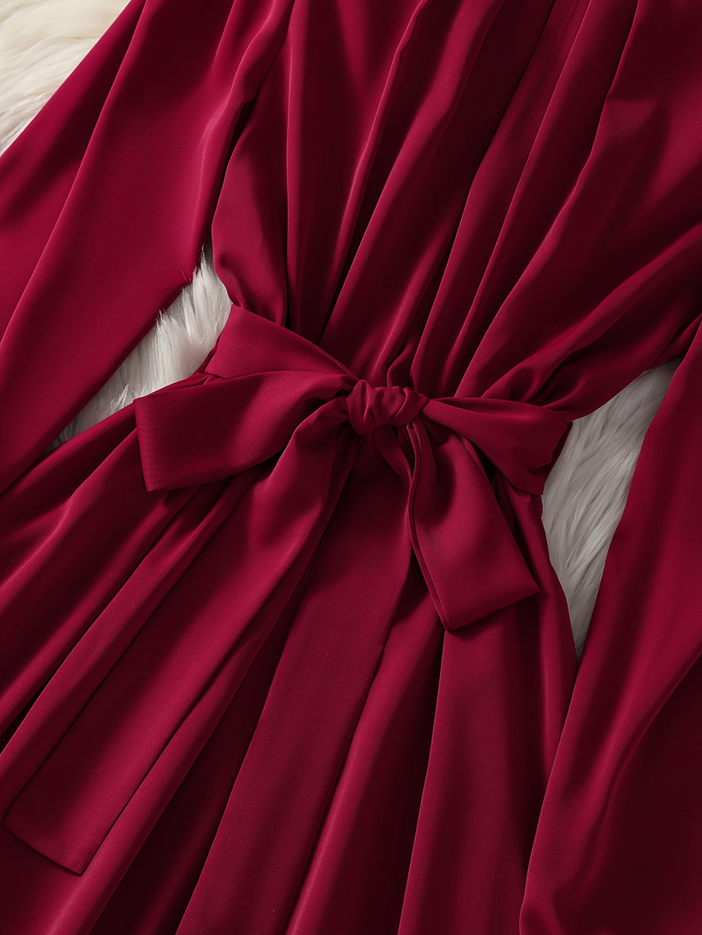 Women's Burgundy A-Line Wedding Guest Dress with Bow Tie Waist & Puff Sleeve - -Length Mid-Calf to Hem Long Sleeve Formal Gown, Machine Washable for Bridesmaid, Prom, Special Occasions (No Stretch)christmas women cloth&gift - Deep Red