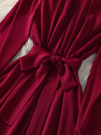 Women's Burgundy A-Line Wedding Guest Dress with Bow Tie Waist & Puff Sleeve - -Length Mid-Calf to Hem Long Sleeve Formal Gown, Machine Washable for Bridesmaid, Prom, Special Occasions (No Stretch)christmas women cloth&gift - Deep Red