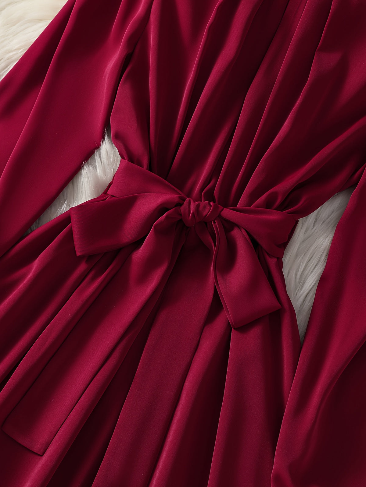 Women's Burgundy A-Line Wedding Guest Dress with Bow Tie Waist & Puff Sleeve - -Length Mid-Calf to Hem Long Sleeve Formal Gown, Machine Washable for Bridesmaid, Prom, Special Occasions (No Stretch)christmas women cloth&gift - Deep Red