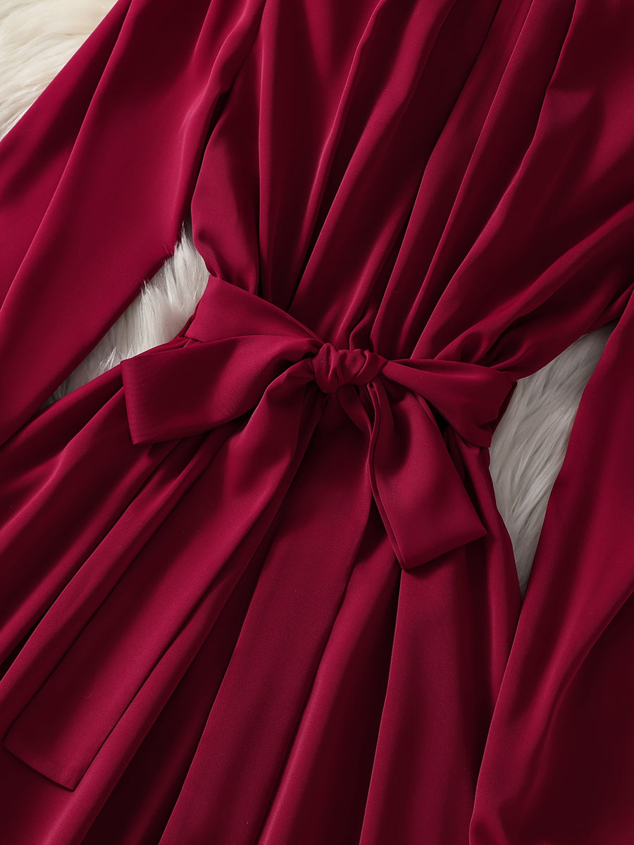 Women's Burgundy A-Line Wedding Guest Dress with Bow Tie Waist & Puff Sleeve - -Length Mid-Calf to Hem Long Sleeve Formal Gown, Machine Washable for Bridesmaid, Prom, Special Occasions (No Stretch)christmas women cloth&gift - Deep Red