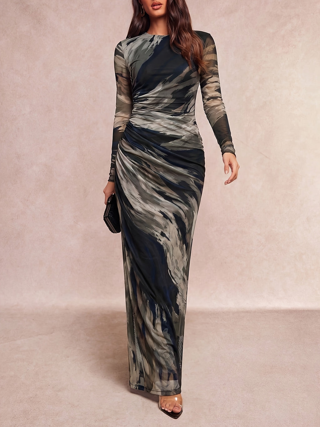 Elegant Special Women'S Mesh Gradient Ombre Printed Round Neck Long Sleeve Ruched Waist Long Dress, Spring Autumn Elegant Dress Suitable for Evening Parties, Dates, Birthday Gatherings, Red Carpet Styling, Mature Atmosphere Long Skirt [ZLLZ] - Grey