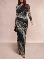 Elegant Special Women'S Mesh Gradient Ombre Printed Round Neck Long Sleeve Ruched Waist Long Dress, Spring Autumn Elegant Dress Suitable for Evening Parties, Dates, Birthday Gatherings, Red Carpet Styling, Mature Atmosphere Long Skirt [ZLLZ] - Grey