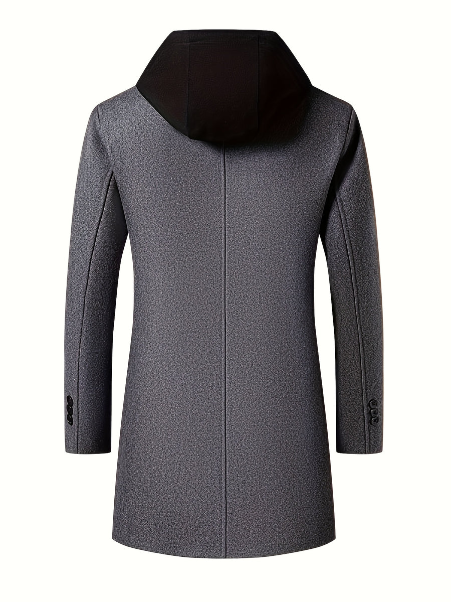 Pearson OBM Youth Men's Student Korean-Style Casual Tweed Wool Blend Overcoat, Mid-Length with Detachable Hood, Trendy Outerwear for Men - Dark Gray