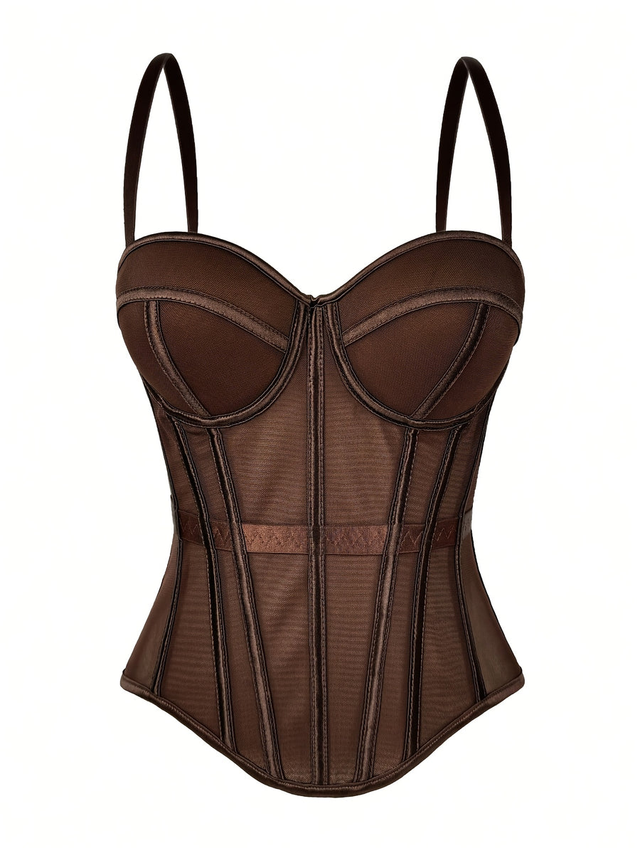 Elegant Mesh Sheer Fishbone Bustier, Tummy Control Shapewear Outerwear Elegant Tight Camisole Top, Stage Performance Strappy Top, Women'S Clothing - Coffee Brown