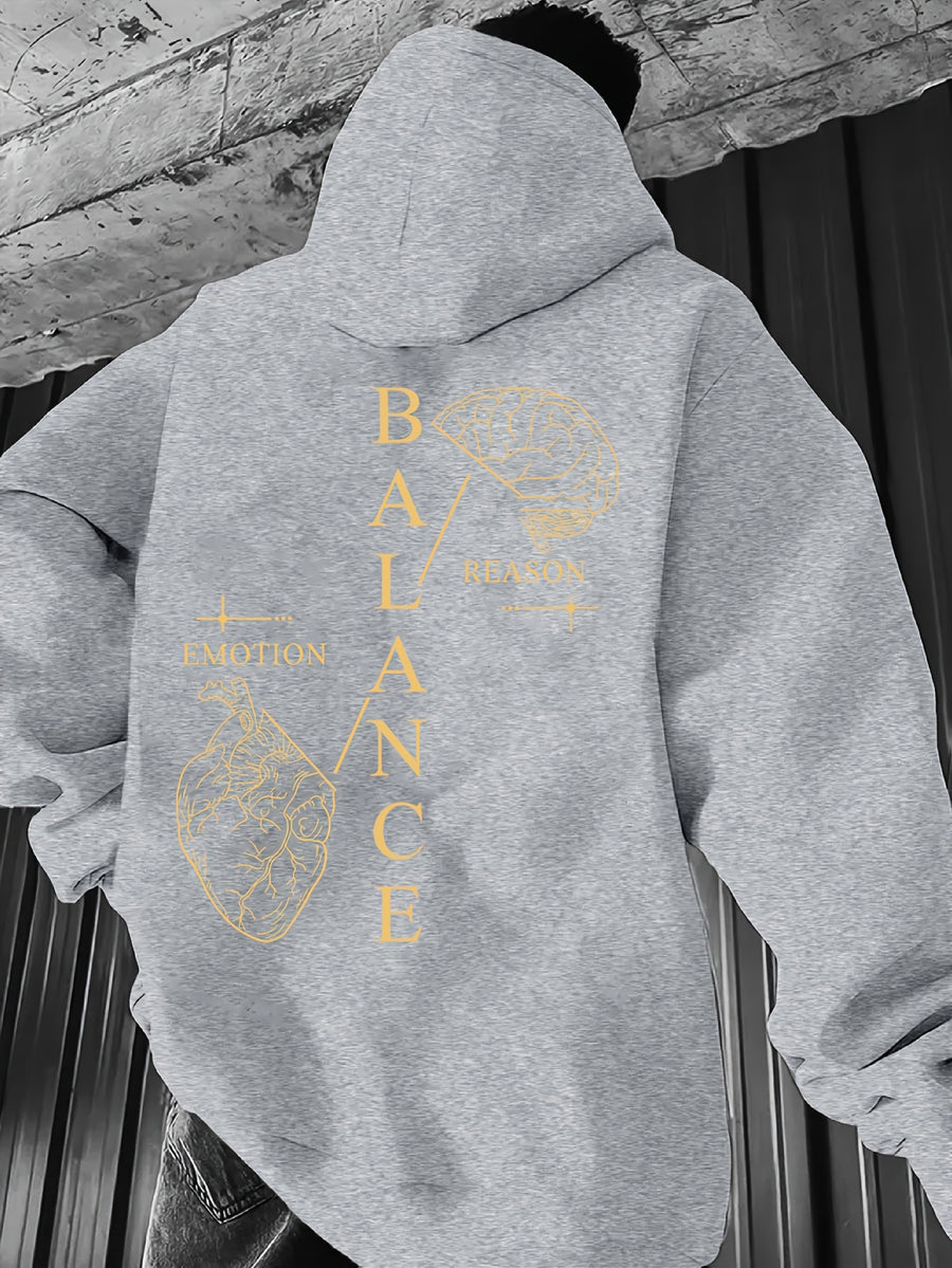 Men'S Autumn Winter Print Hooded Fleece Sweatshirt, Versatile Athletic Casual Loose Hooded Sweater - Grey