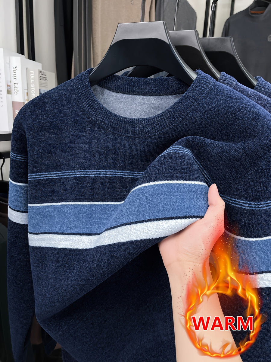 Minimalist Urban -Lined Crew Neck Knit Sweater for Warmth and City Casual Style - Blue