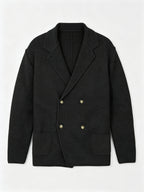 Men's New Autumn/Winter Double-Breasted Knit Jacket, Loose Fit Casual Suit-Style Top with Lapel. European/American Style Men's Notched Lapel Knit Cardigan with Double-Breasted Design, Versatile Outerwear for Spring/Autumn, Suitable for Both Commuting - Black
