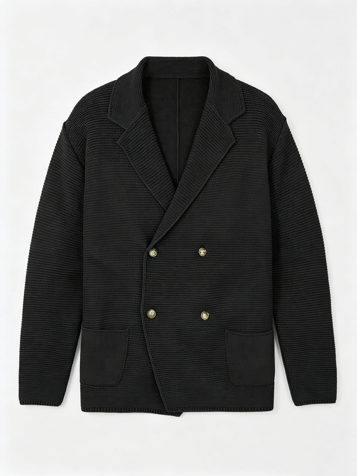 Men's New Autumn/Winter Double-Breasted Knit Jacket, Loose Fit Casual Suit-Style Top with Lapel. European/American Style Men's Notched Lapel Knit Cardigan with Double-Breasted Design, Versatile Outerwear for Spring/Autumn, Suitable for Both Commuting - Black