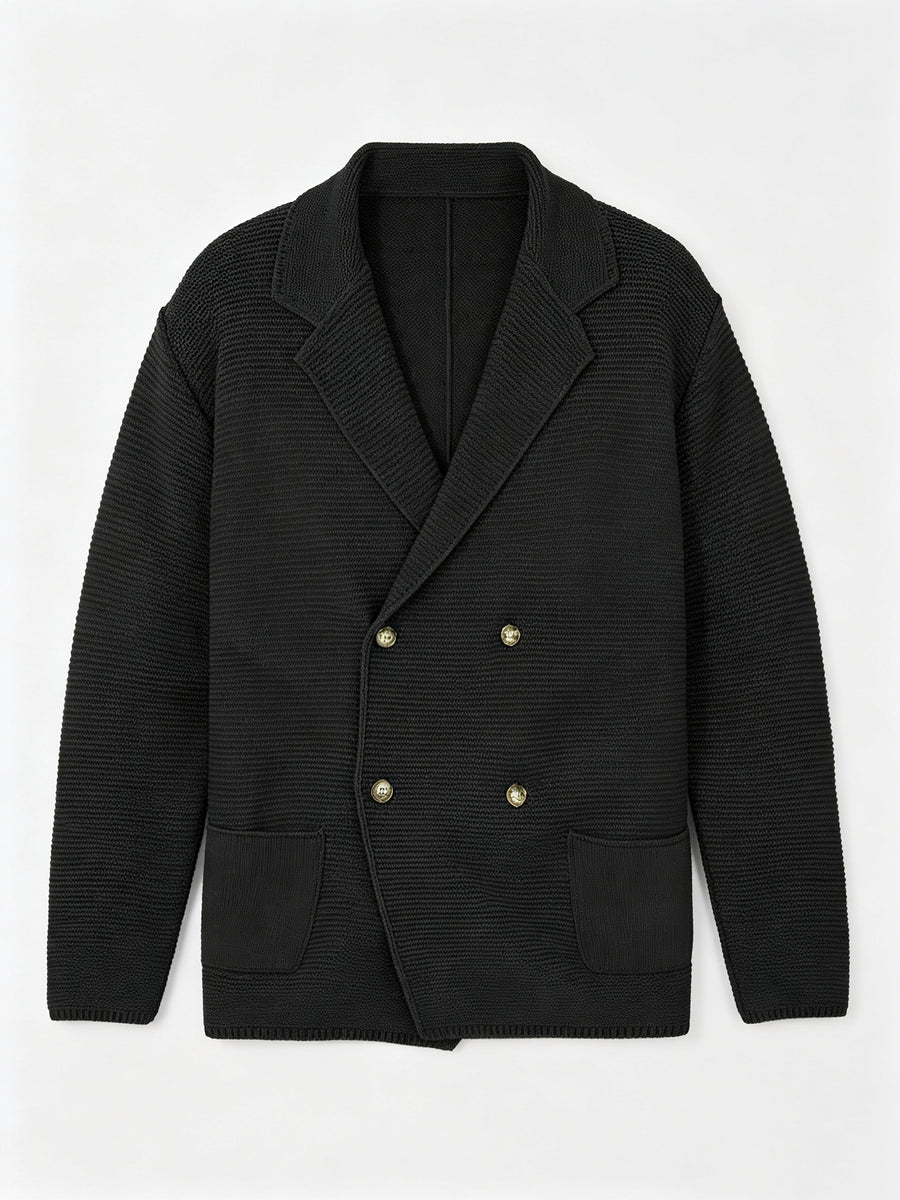 Men's New Autumn/Winter Double-Breasted Knit Jacket, Loose Fit Casual Suit-Style Top with Lapel. European/American Style Men's Notched Lapel Knit Cardigan with Double-Breasted Design, Versatile Outerwear for Spring/Autumn, Suitable for Both Commuting - Black