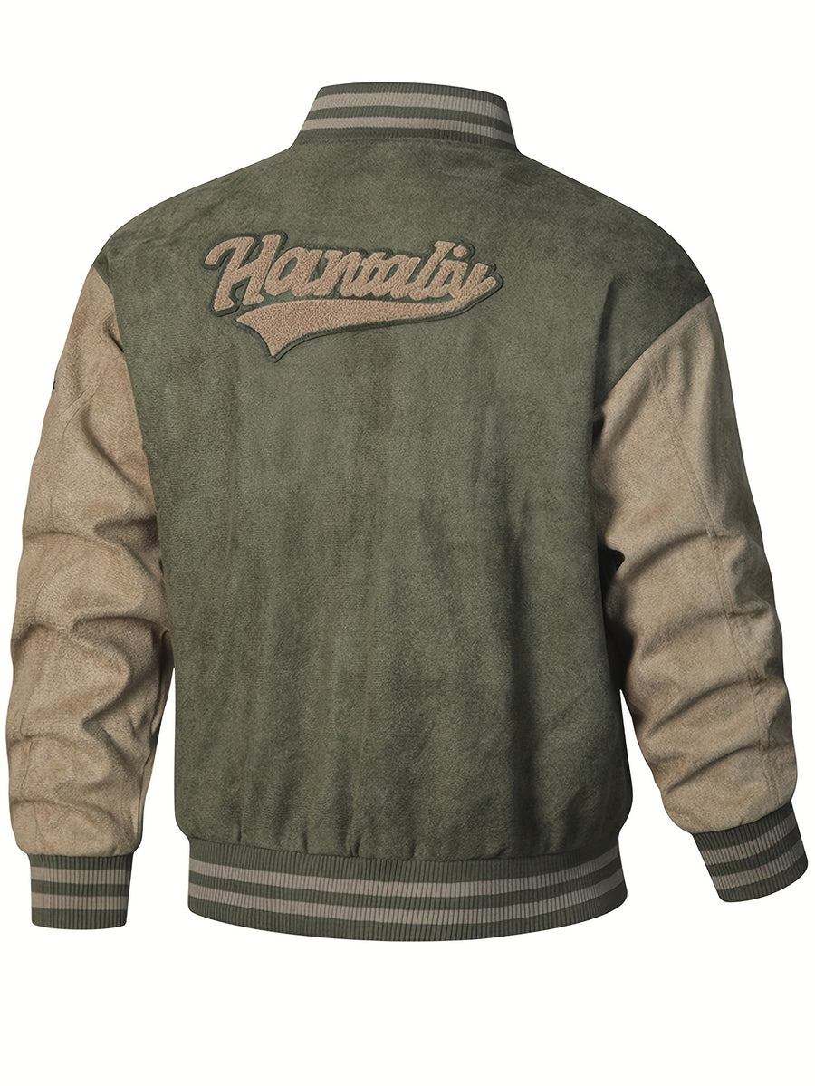 (New in Spring) Unisex, with Letter Embroidery on Chest, Casual And Fashionable, College-Style Baseball Uniform Jacket - Olive