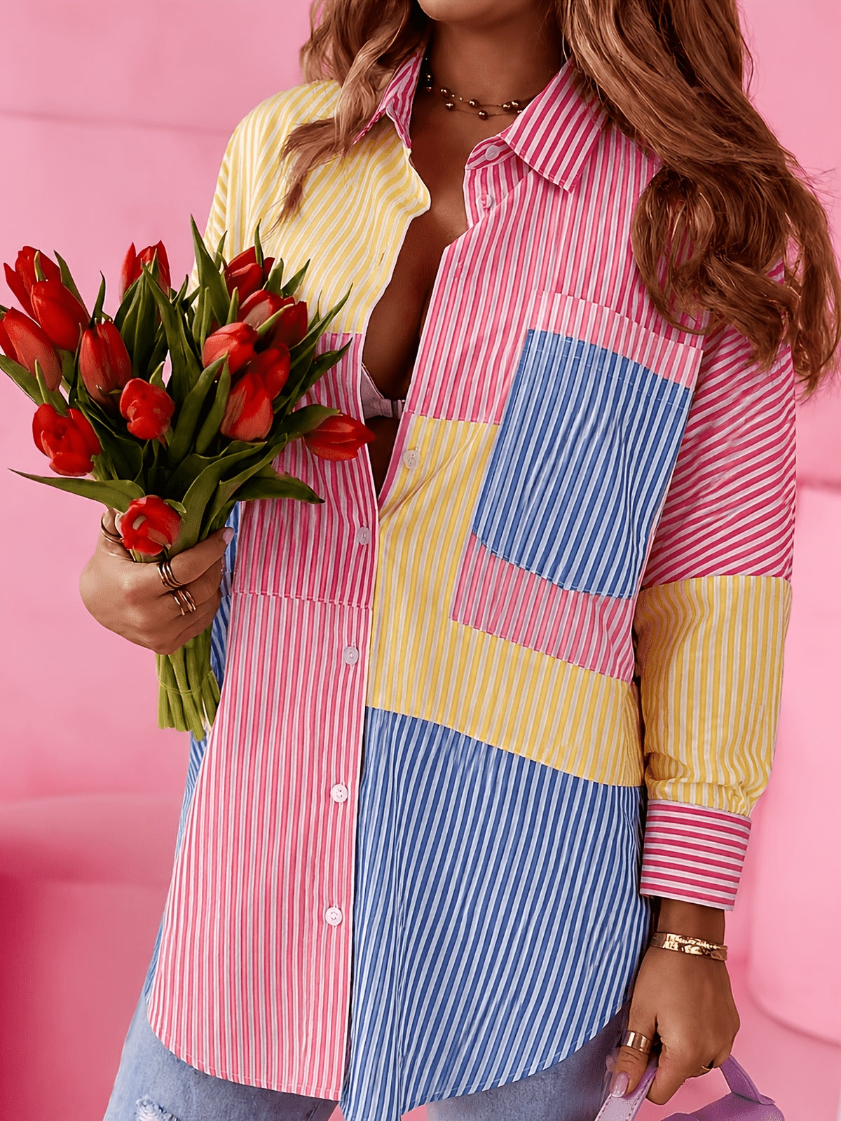 New Spring/Summer Women's Patchwork Striped Pocket Elegant Versatile Lapel Shirt - Bright Pink Color