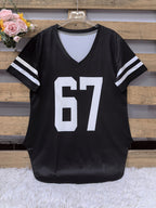 2026 European And American Spring Summer New Women'S Clothing Digital Print Curved Hem V-Neck Loose Casual Short Sleeve T-Shirt Top - Black