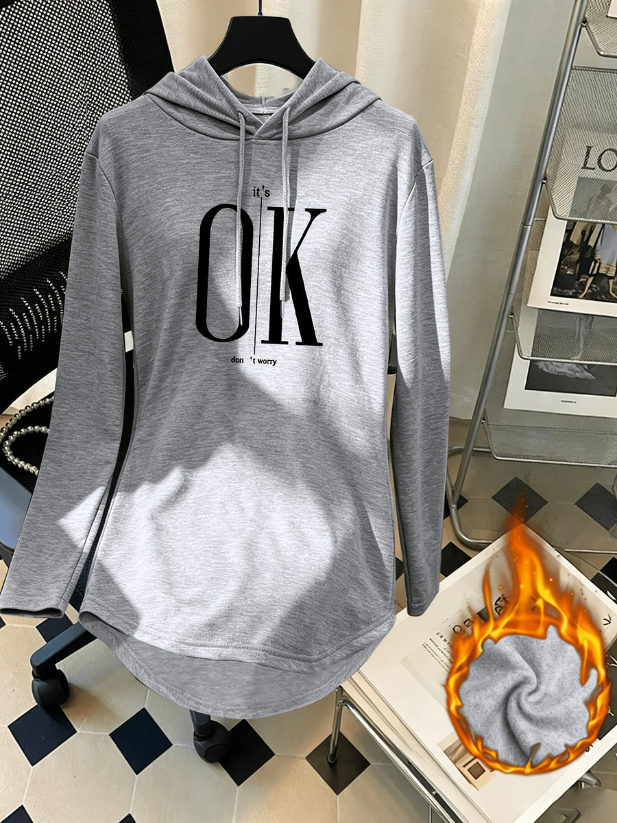 Women's Mid-Length Hooded Sweatshirt, Loose Fit, Hip-Covering, Letter Print, Drawstring Pullover Top - Light Grey