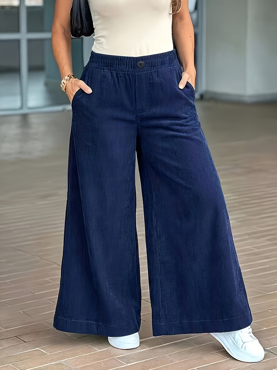 Plus Size, Women's Plus-Size Corduroy Wide-Leg Trousers with Elastic Waist & Pocket Design - Corduroy Pants Suitable for Fall/Winter, Elegant Solid Color Professional/Casual Wear, Wide-Legged Bottoms for Blouses - Blue