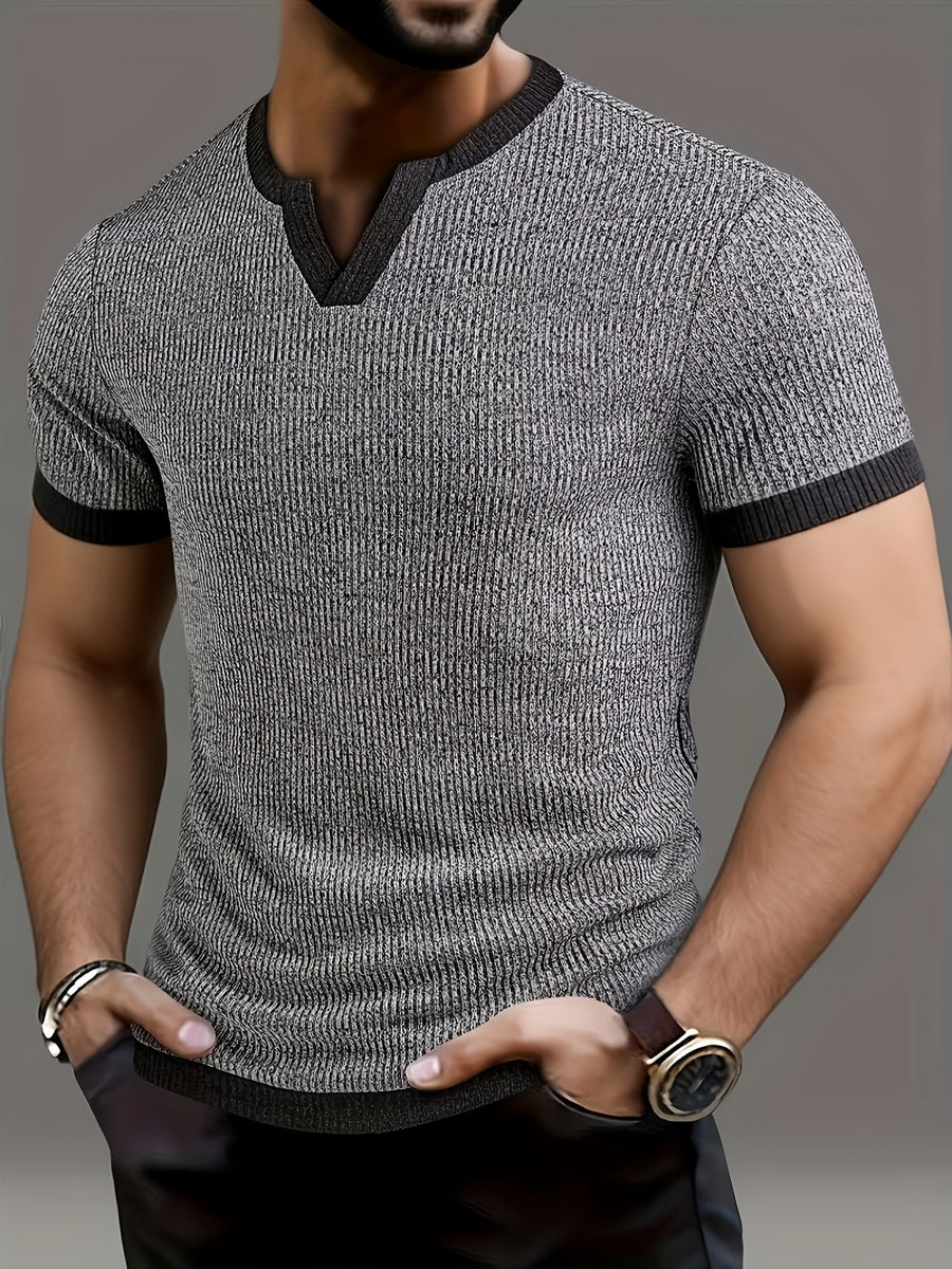 Men's Fashion Top, Spring/Summer Casual Textured Herringbone Fabric, Color-Blocked Split V-Neck Short Sleeve Henley Shirt - Grey