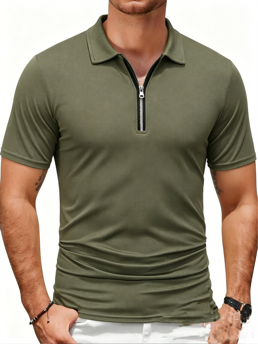 2pcs Men'S Sports Outdoor Casual Lapel Solid Color Breathable Zipper POLO Shirt - Army Green + Coffee