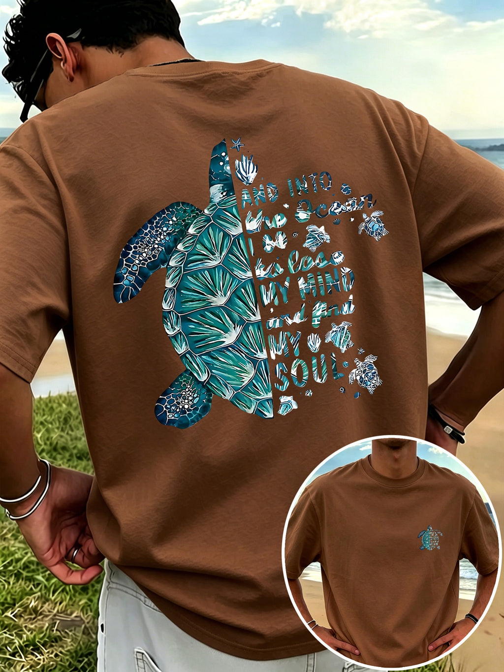 New Men'S 100% T-Shirt with Turtle Print, Comfortable And Breathable for Summer Casual Vacation - Coffee Brown