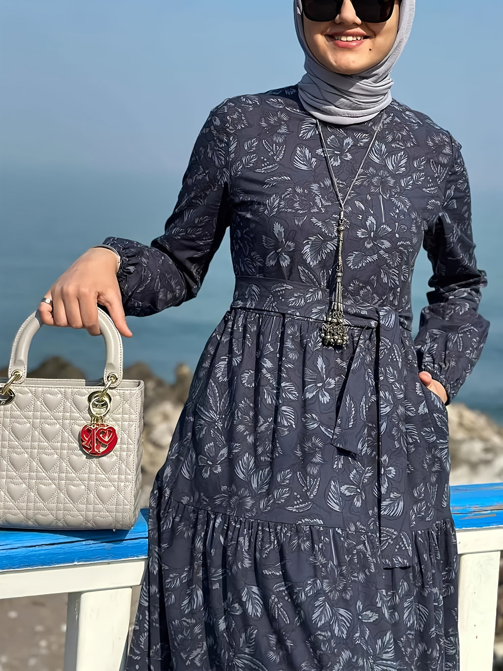 Comfortable Middle Eastern Print Long Dress Robe | Floral Pattern, Long Length, With Belt, Suitable For All Seasons - Slate Grey