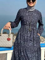 Comfortable Middle Eastern Print Long Dress Robe | Floral Pattern, Long Length, With Belt, Suitable For All Seasons - Slate Grey