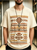 Indian Geometric Totem Print Oversized Men's T-Shirt, Vintage Tribal Style Loose Short Sleeve, Spring/Summer Casual Versatile Oversize Top. Printed Design - Not Textured - Mixed colors