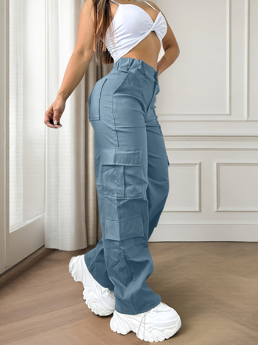 Street Style Women'S Casual Solid Color Loose Overalls, Y2K Comfortable Elastic Waist Multi-Pocket Long Pants - Fog Blue