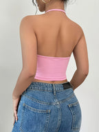 Women'S Summer Vacation Casual Beach Party Camisole, Contrast Mesh Floral Print Halter Neck Cami - Pink