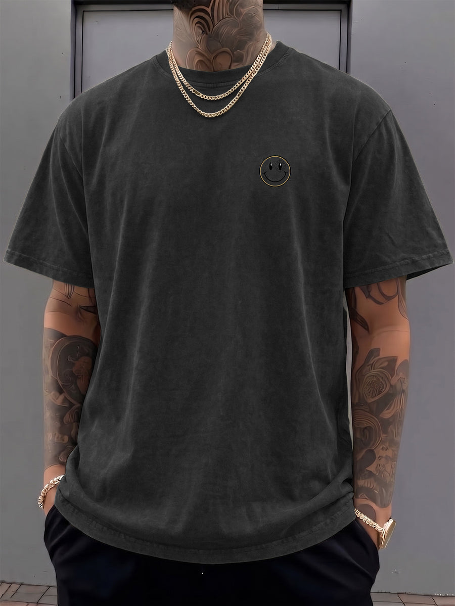 Short-sleeve T-shirt, Half-sleeve Top with a Small Joyful Face and Simple Circular Logo Print on the Chest, Trendy Print Available in 12 Colors for  Mix-and-match. Made of Pure Cotton with a Washed and Distressed Effect, Featuring a Loose Fit. - Black