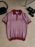 Men's Polo Collar Short Sleeve Waffle Knit Top, Solid Color Lightweight Breathable Casual Pullover - Burgundy