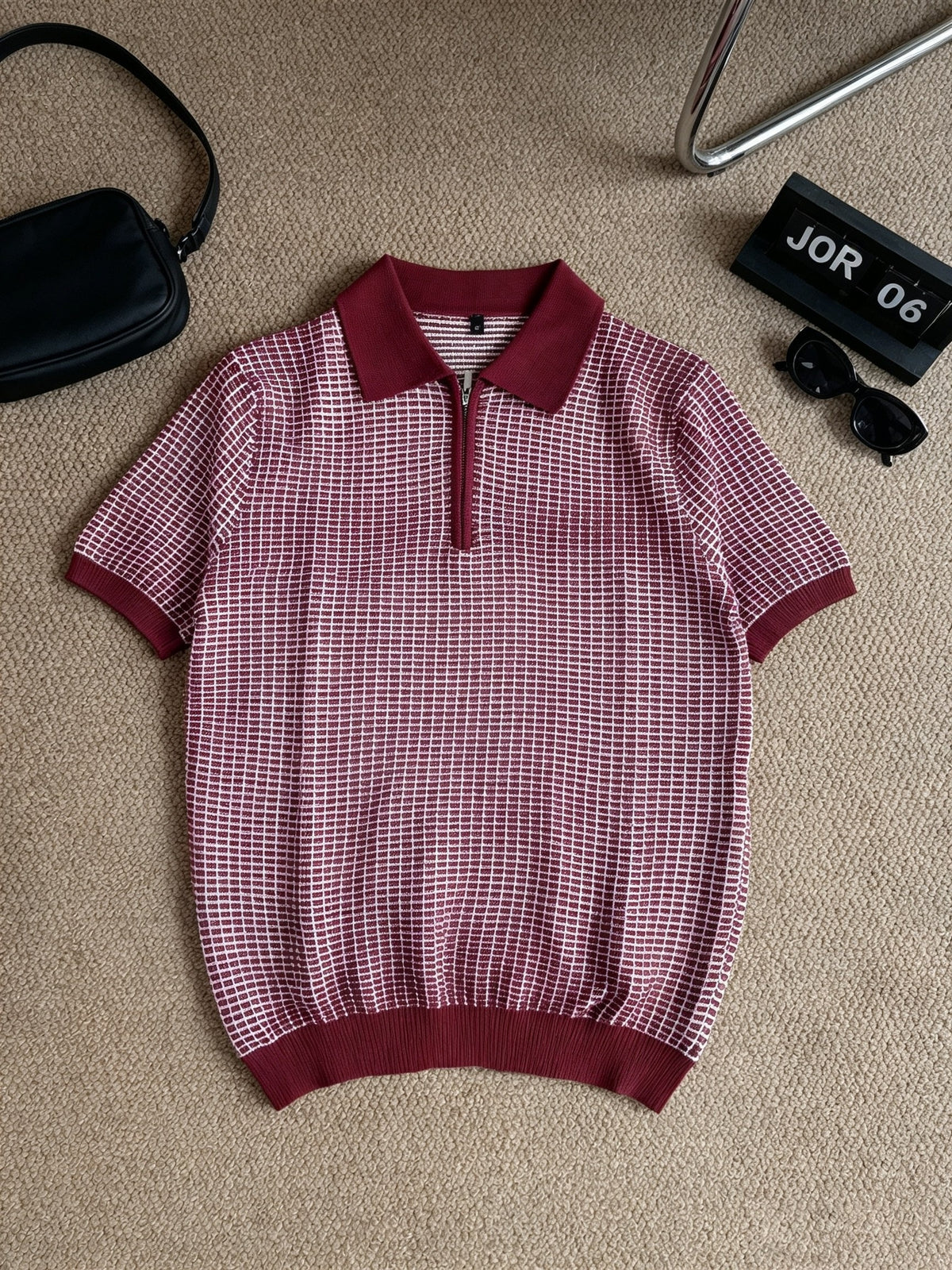 Men's Polo Collar Short Sleeve Waffle Knit Top, Solid Color Lightweight Breathable Casual Pullover - Burgundy
