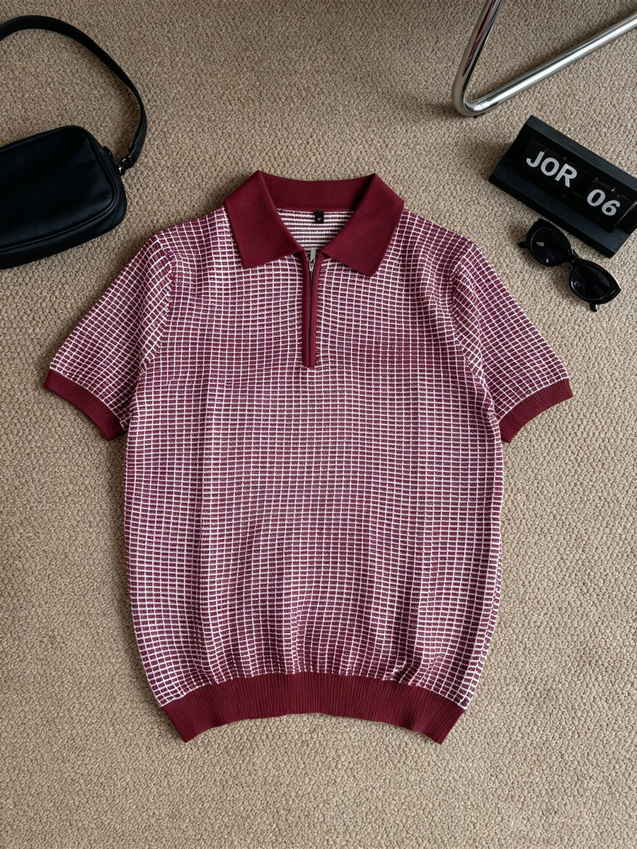 Men's Polo Collar Short Sleeve Waffle Knit Top, Solid Color Lightweight Breathable Casual Pullover - Burgundy