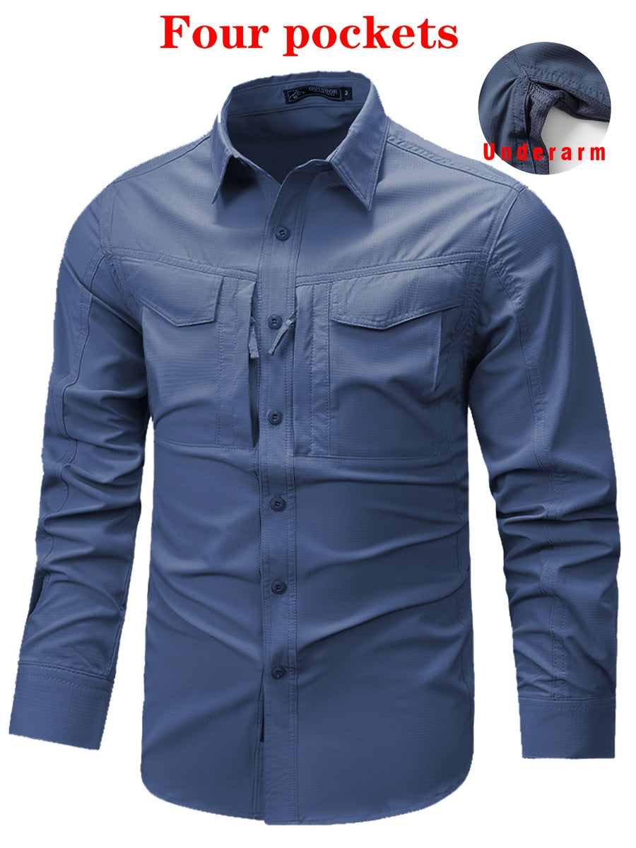 Outdoor Multi-pocket Functional Combat Quick-drying Shirt Casual Quick-drying Sports Shirt Thin Style with Four Chest Pockets and Armpit Ventilation Holes, Hunting - Haze Blue