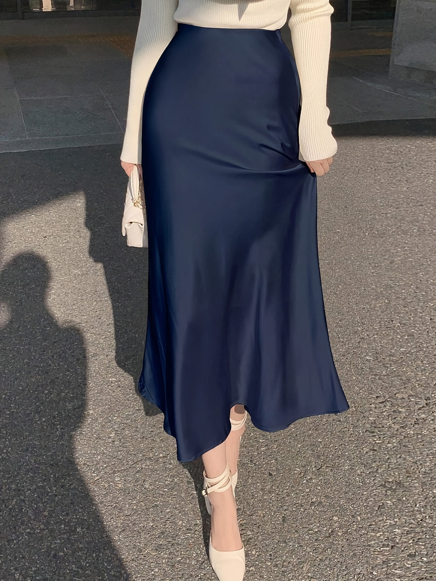 Spring/Summer Women's Slim-Fit Solid Color Satin Mermaid Skirt - Navy Color