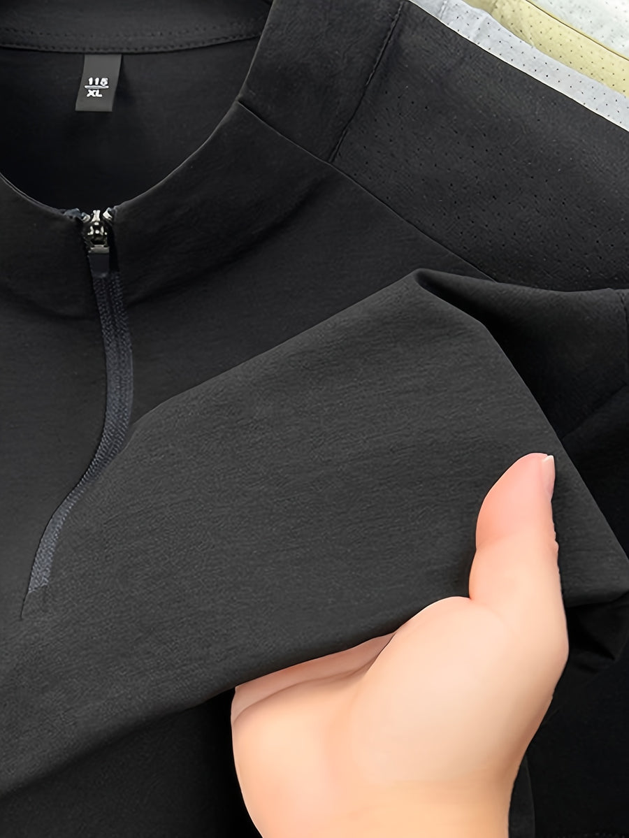 Men'S Summer Top T-Shirt, Half-Zipper Stand-Up Collar Design, Casual And Light Business Style, Adjustable Collar with Zipper, Balancing Ventilation And Styling; Mesh Shoulder Panel for Enhanced Breathability - Black