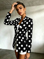 Women's Polka Dot Pattern Button-Up Long Sleeve Blazer, Women's Top, Suitable for Spring, Summer, Autumn, A Must-Have Item for All Seasons, Machine Washable, for Office Commuting and Casual Outings - Black