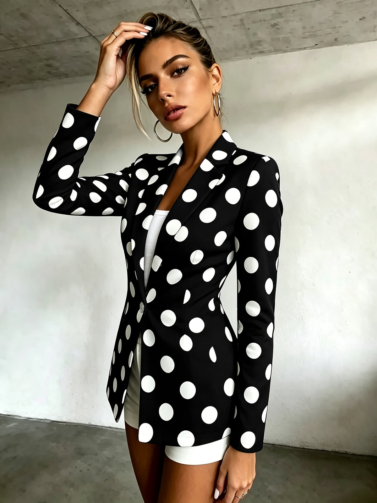 Women's Polka Dot Pattern Button-Up Long Sleeve Blazer, Women's Top, Suitable for Spring, Summer, Autumn, A Must-Have Item for All Seasons, Machine Washable, for Office Commuting and Casual Outings - Black