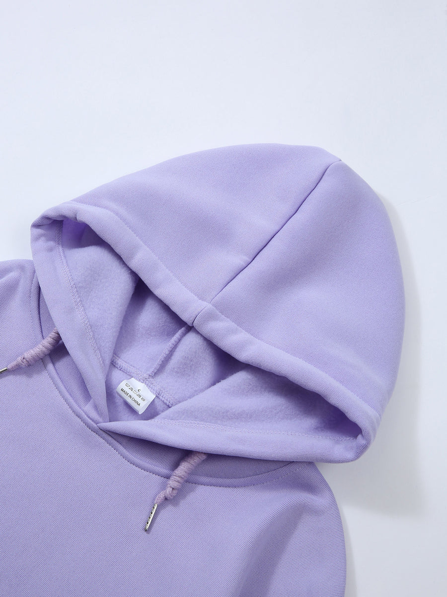Printed Women's Casual Sports Suit, Warm Long Sleeve with Drawstring Kangaroo Pocket, Women's Clothing - Purple